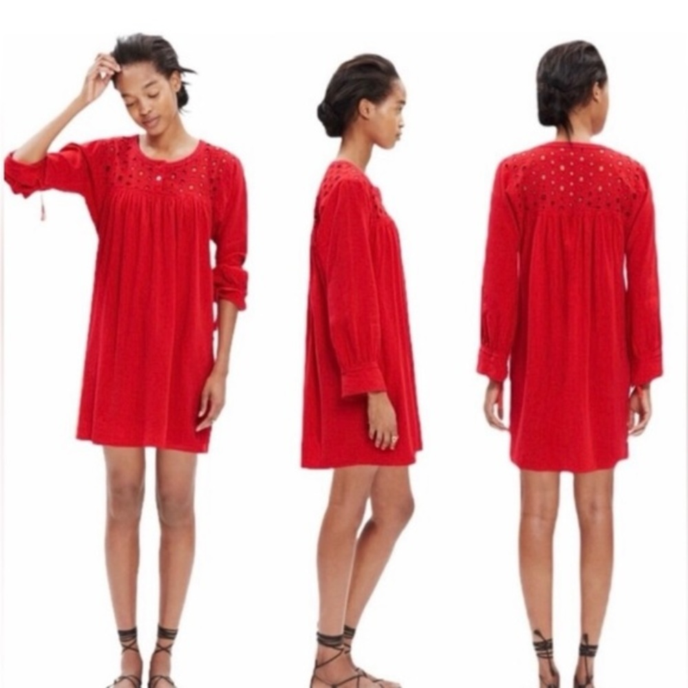 Madewelll Eyelet linen blend long sleeve dress in Red size XS